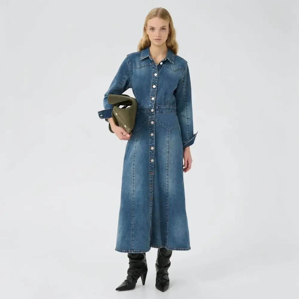Casual Slim Fit Women Denim Dress Long Sleeve Jean Gown Elastic Plus Size Elegant Princess Sleeve Vintage Spring Blue Dress