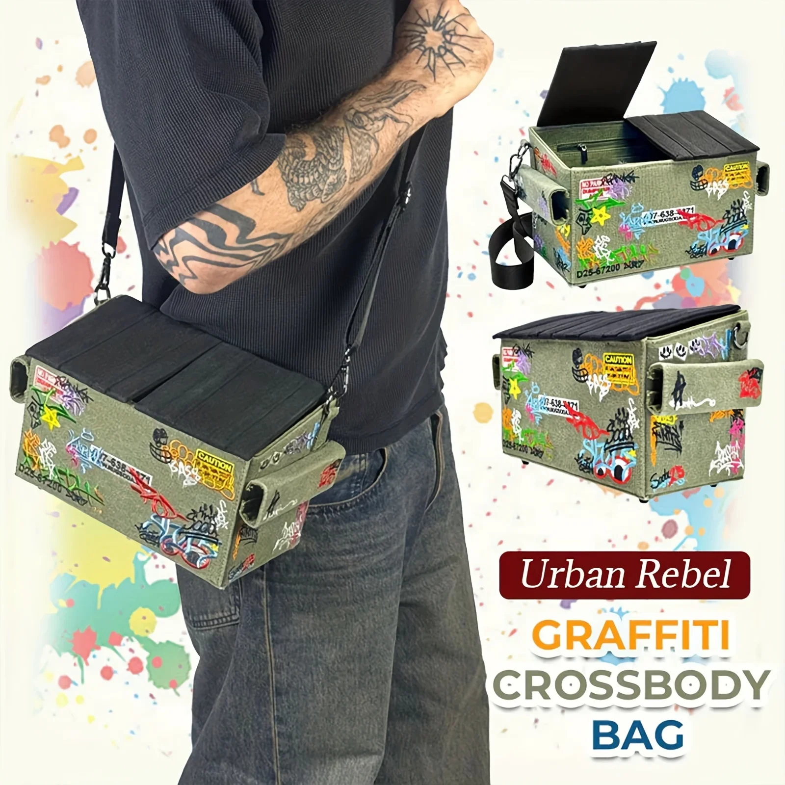 Anime-inspirierte Schulter-Umhängetasche mit 3D-Graffiti-Stickerei, quadratische Tasche mit großem Fassungsvermögen für Männer, Frauen, Jungen und Mädchen – Detail 2