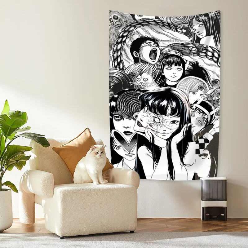 Japanese Horror Comic Wall Hanging Tapestry Tomie Seris Black And White Printed Home Or Bedroom Decoration Sofa Blanket # 0@