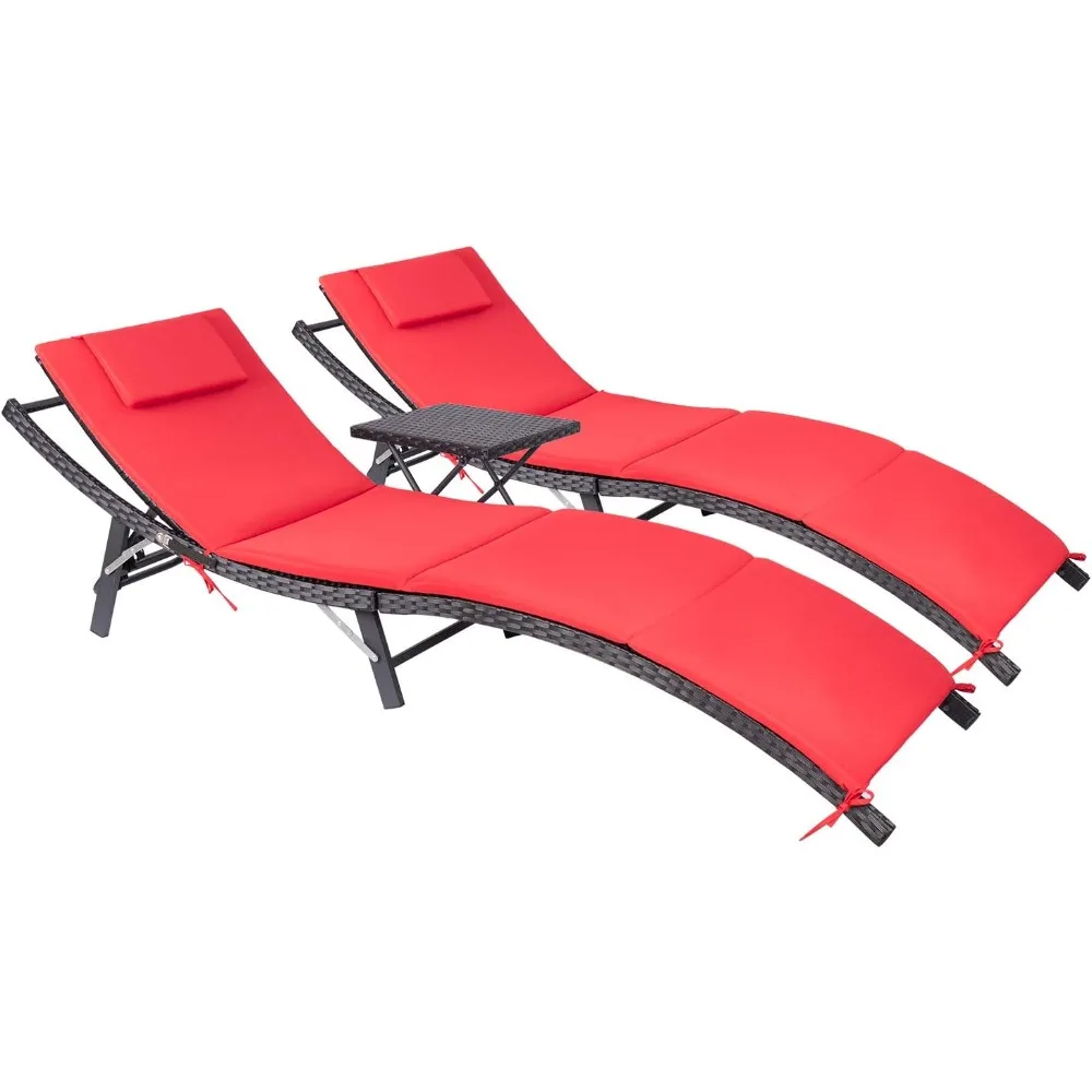 Patio Chaise Lounge Sets Outdoor Rattan Adjustable Back 3 Pieces Cushioned Patio Folding Chaise Lounge with Folding Table (Red)