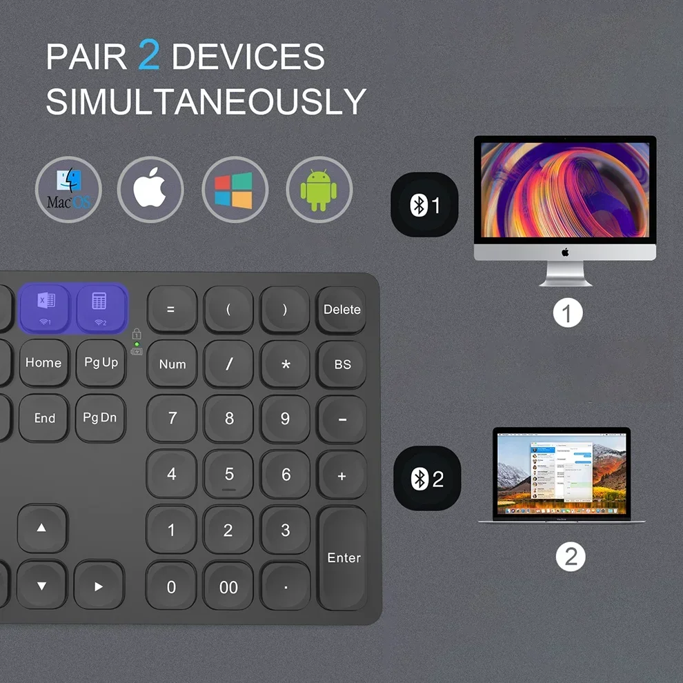 Dual Bluetooth Numeric Keypad 36 Keys Silent Rechargeable External Numpad Keyboard  for Data Entry Financial Calculation
