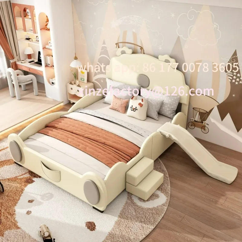 سرير كرتوني 140*200 سم قابل للتخصيص، سرير أطفال، سرير دب، مزود بشريحة وسلم، مادة PU، سهلة التنظيف #3