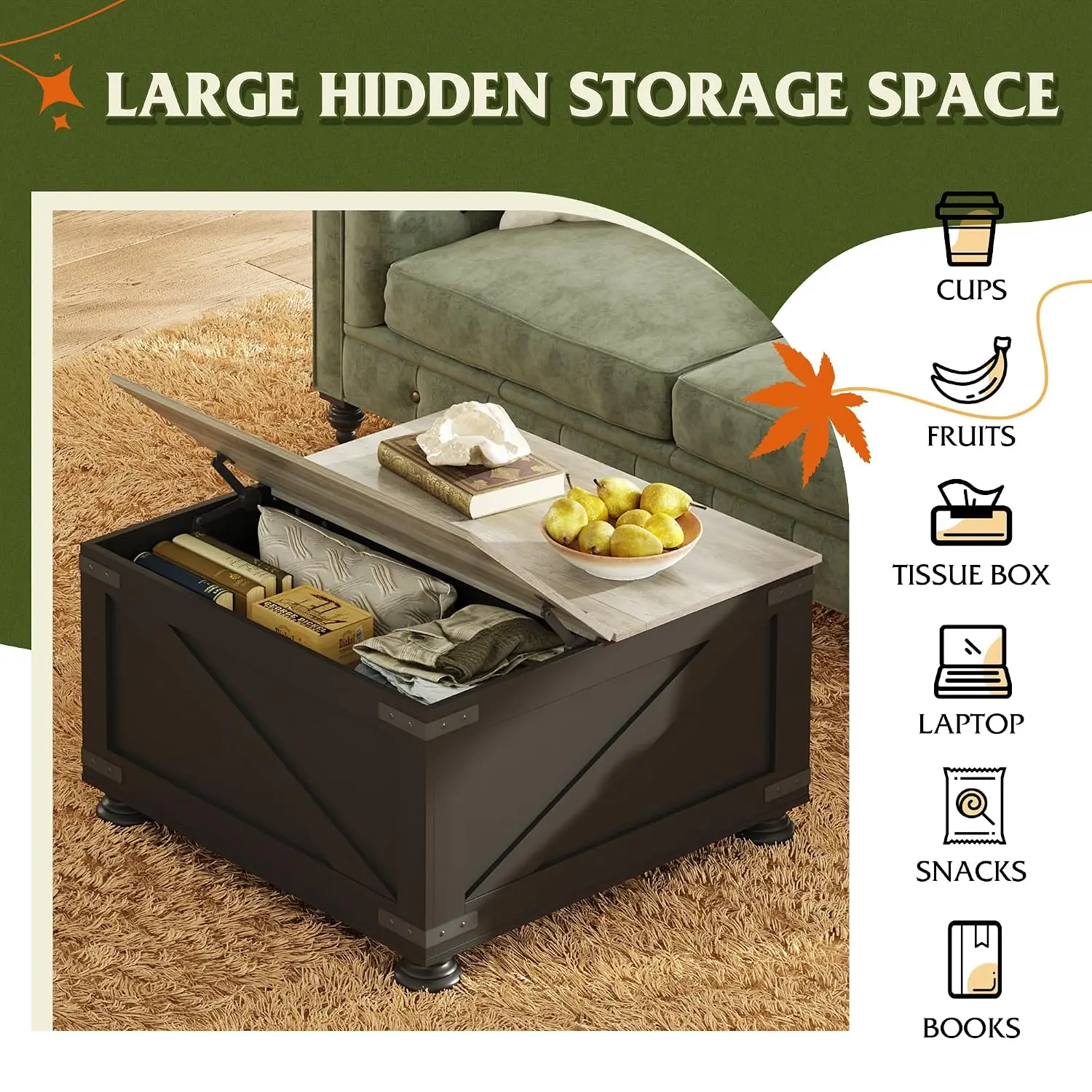 Farmhouse Lift Top Coffee Table Storage 31.5" Square Flip-Top Hidden Compartment Living Room Bedroom, Customized 5
