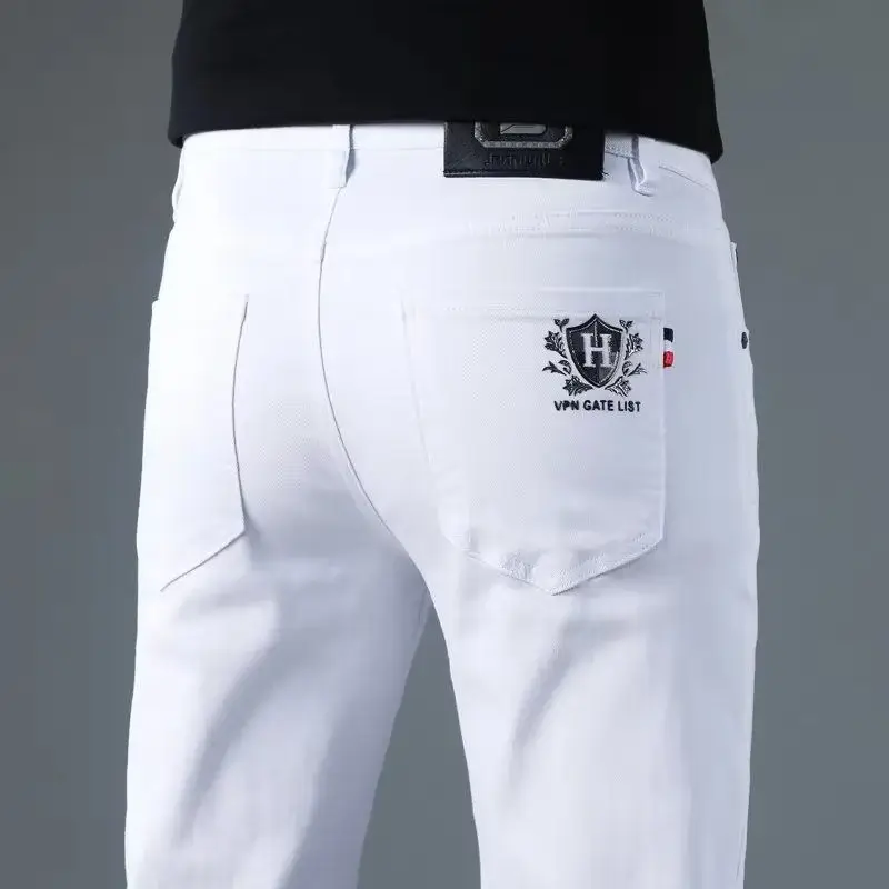 Korean Man Designer Clothes 2025 White Jeans Men Spring Autumn Printed Students Slim Stretch Pencil Pants Workwear Long Trousers