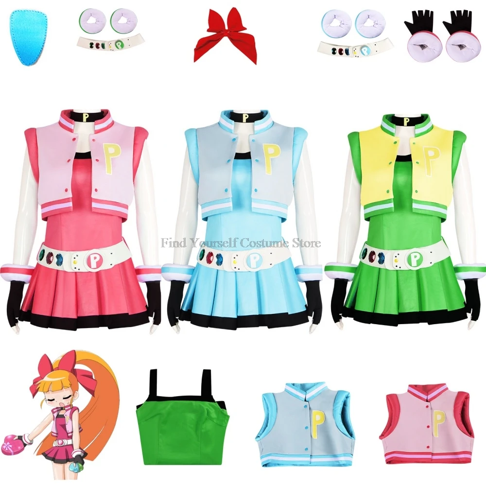 Powerpuff Cosplay Costume Dress Set para meninas, flor, Buttercup, Bubbles, Halloween, vestido extravagante com cinto