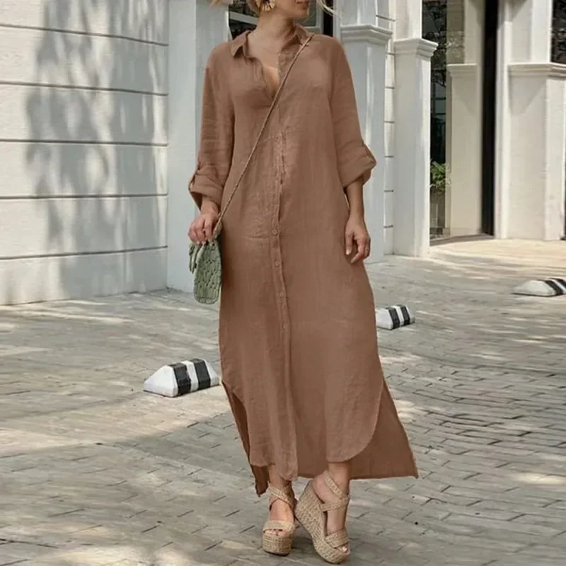 Summer Women\'s Cotton and Linen Long Sleeved Loose Fitting Dress Solid Color Lapel Button Loose Casual Dress  plus size dresses