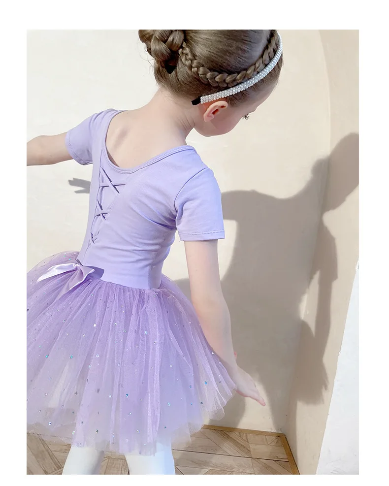 Summer Short Sleeve Girls Practice Dress Gauze Dress Pink Toddler Ballet Children Dance Dress