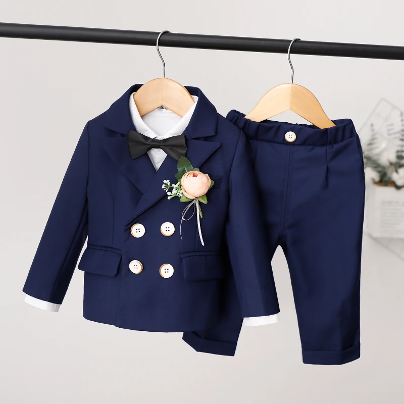 Children's Formal Burgundy Suit Set Autumn Winter British Boys Jacket Pants Vest Outfit Kids Baby's First Birthday Party Dress