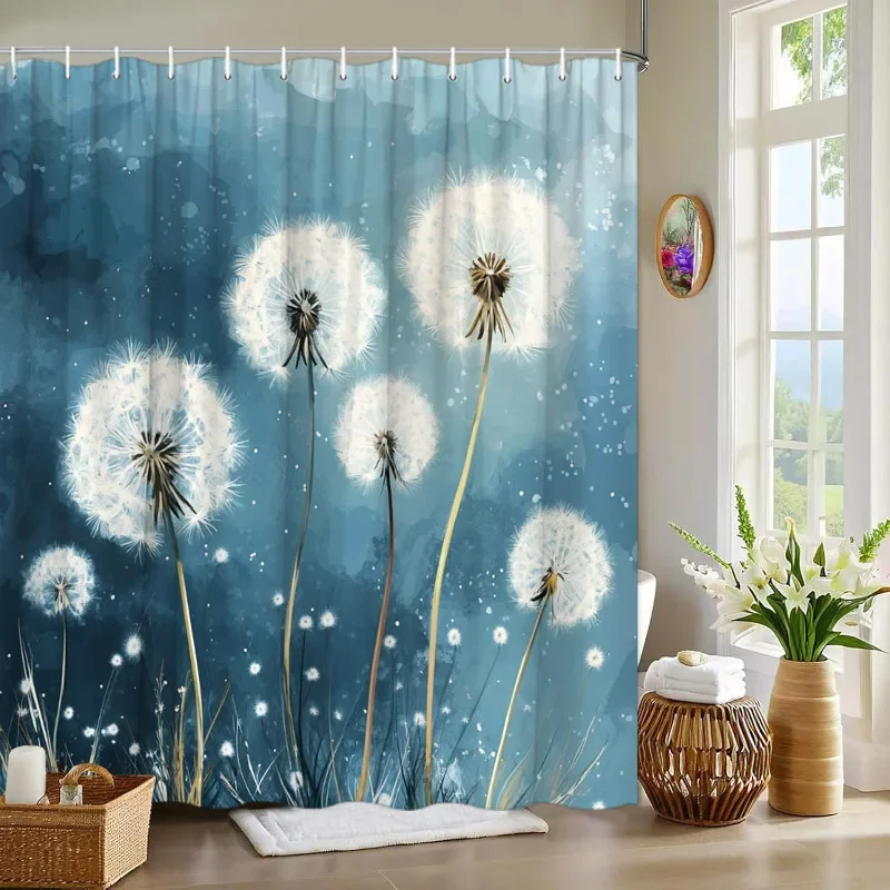 

~O~1pc Dandelions in Blue Breeze Shower Curtain - 5 Dandelions, Seed Dispersal, Abstract Blue Background, 70.8x70.8", 12 Hooks