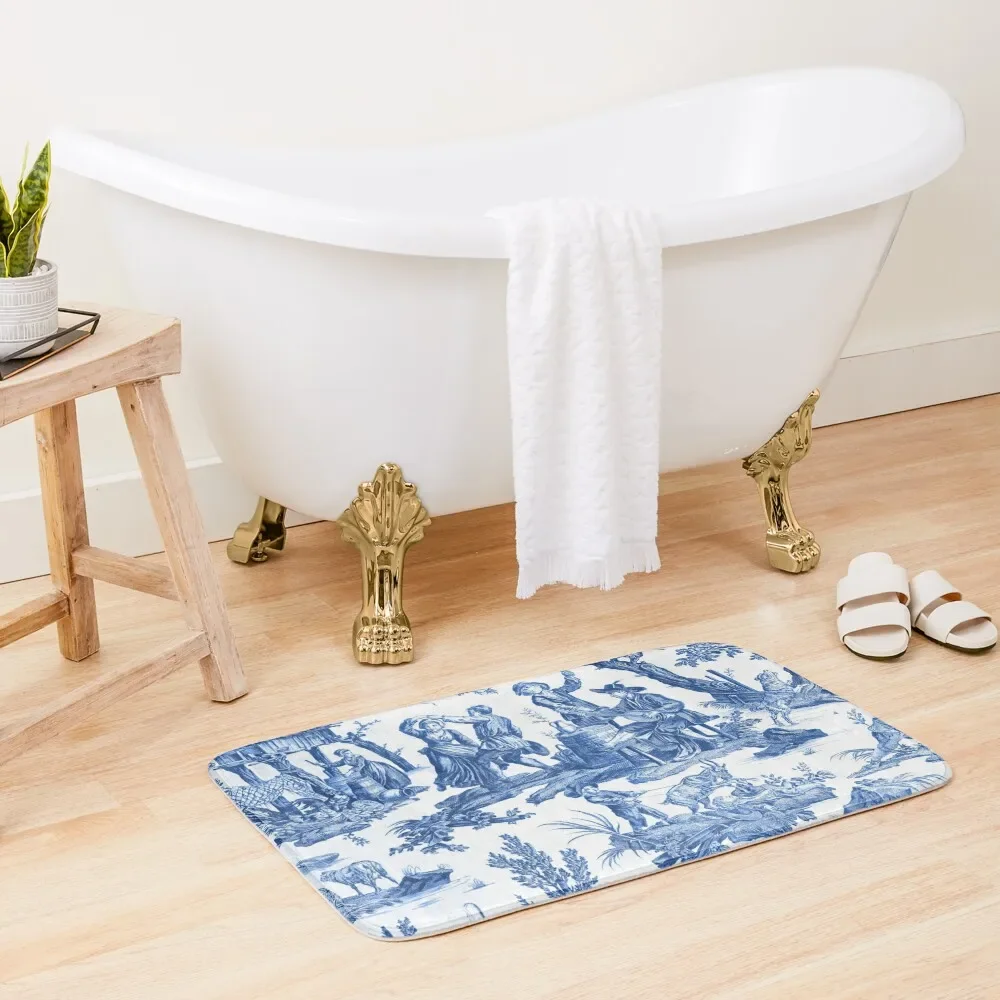 Blue and White Toile de Jouy Bath Mat Bathroom Interior Rooms Mat