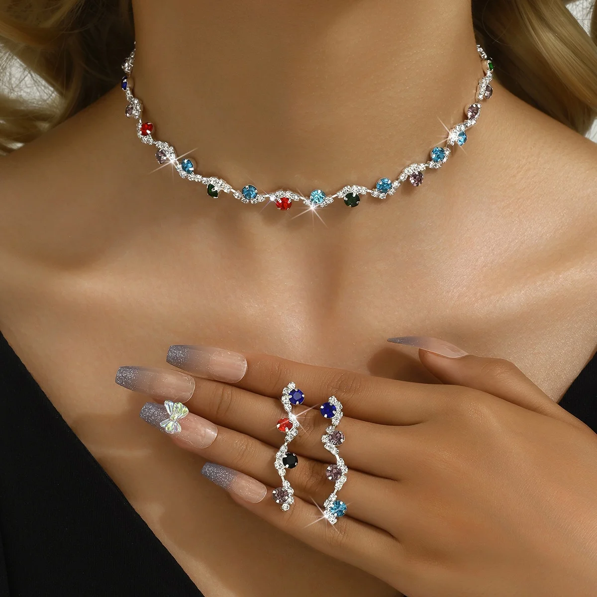 2pcs Exqusite simple Claw Chain Colorful Rhinestone Necklace Earrings Jewelry Set Suitable For Wedding Dating Gift Bridal Set