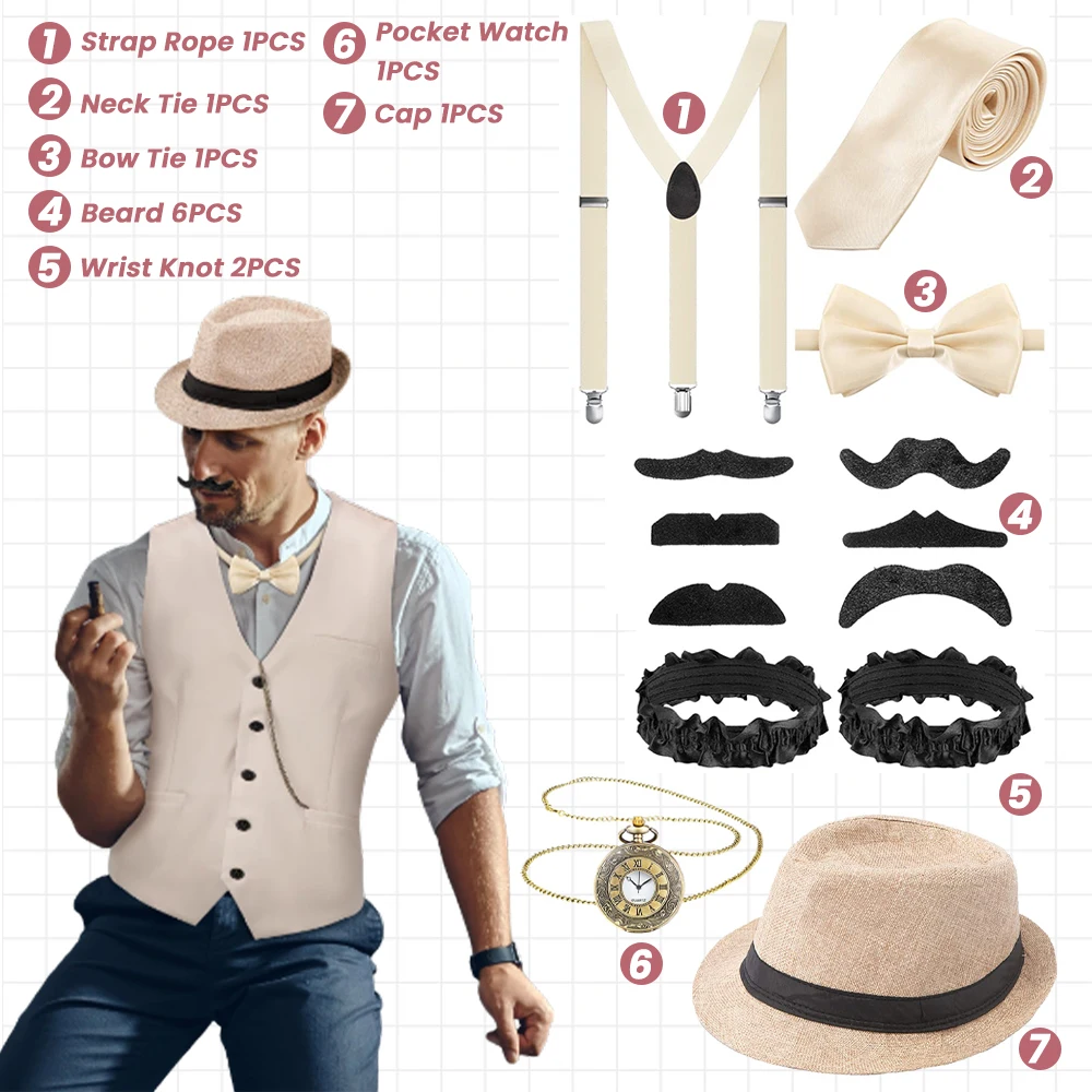 1920s Aksesori kostum pria Set untuk dewasa, berkobar Retro 20s Gatsby Gangster pakaian kostum dengan rompi topi Fedora