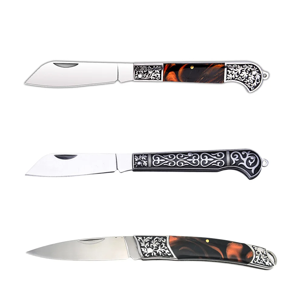 Multi-purpose Vintage Engraved Stainless Steel Outdoor Folding EDC Knife Portable Paring Blade Pocket Tool for Camping Hiking