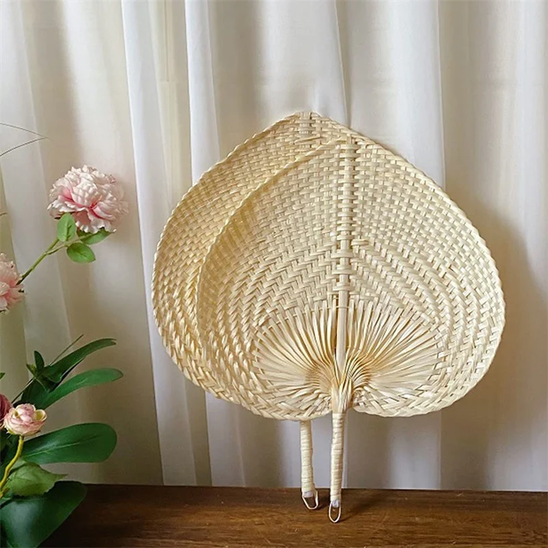 natural bamboo and rattan fans, handwoven palm leaf pattern, heart-shaped woven fan, summer cooling fan, for home decoration