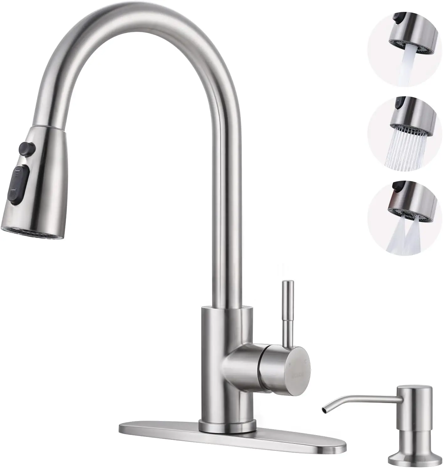 

304 Stainless Steel Kitchen Faucet with Pull-Down Sprayer, Soap Dispenser, 3 Modes, Brushed Nickel Finish for Sink and RV