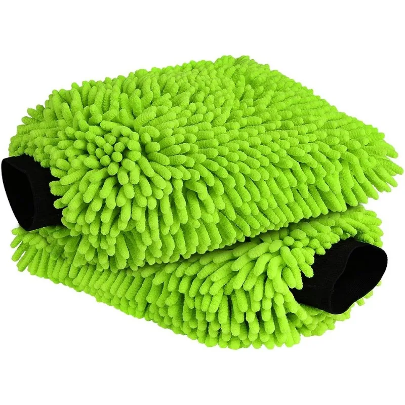 Car Wash Mitt Microfiber, 2PK-Scratch & Lint Free, Chenille Microfiber Wash Mitt-Green Regular Size (7.12''X10.14'')