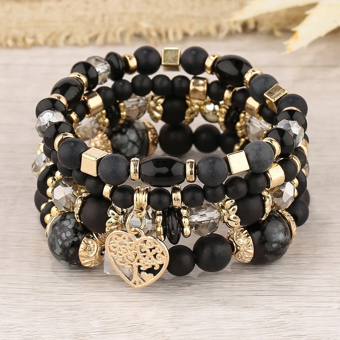 4-teiliges Armband-Set mit Herz- und Lebensbaum-Motiv für Damen, Acryl-Glasperlen, elastische Armkette, modischer Party-Schmuck für Frauen – Detail 5