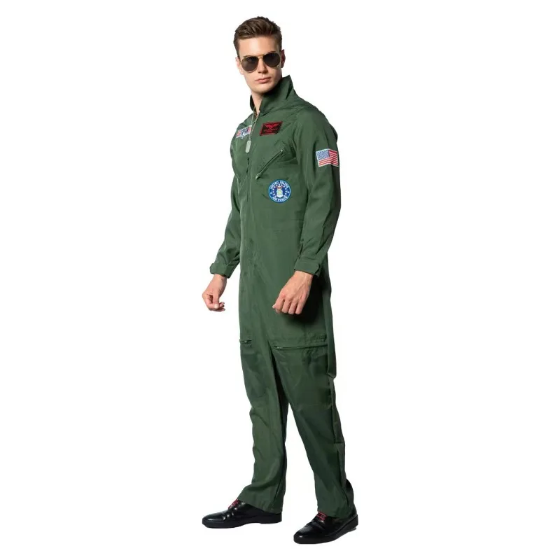Men’s Pilot Suit  Bodysuit Cosplay American Airforce  Army Green Flight Jumpsuit with Glasses Necklace Party Outfits Uniform