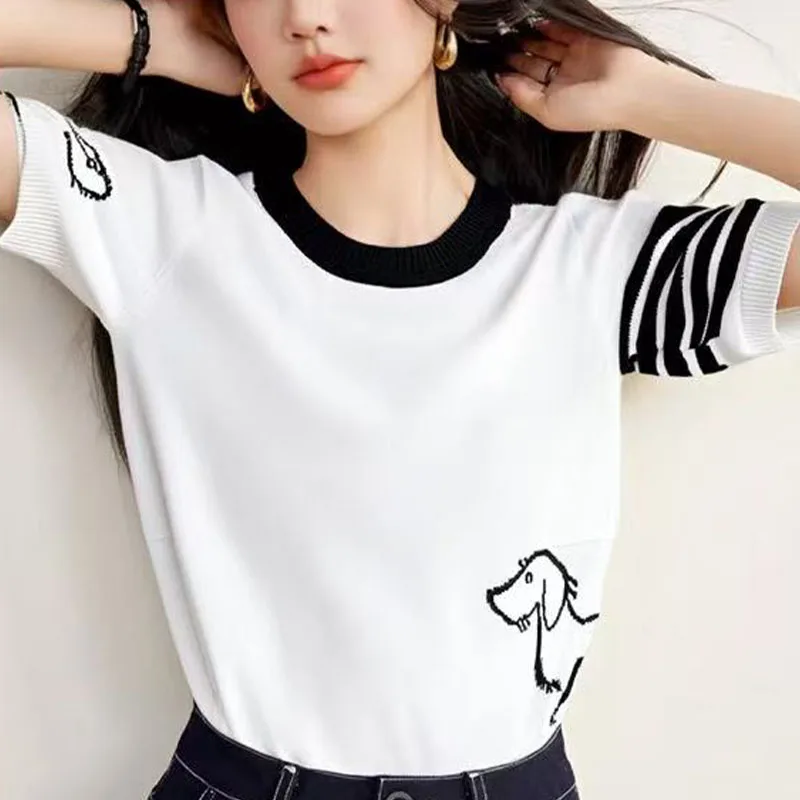 ฤดูร้อนขนสัตว์ผู้หญิงรอบคอเสื้อแขนสั้นเสื้อกันหนาวนุ่มBreathableเสื้อกันหนาวคุณภาพสูงแฟชั่นสีทึบด้านบน