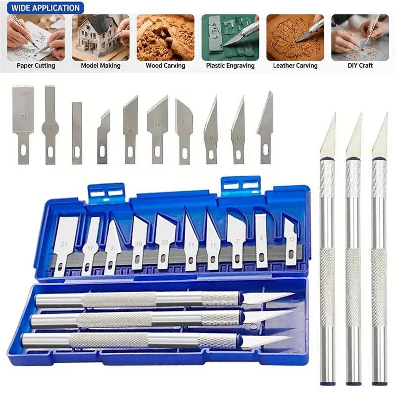 13Pcs Metal Carving Knife Set Portable Mini Paper Cutter Artwork Knife With Storage Box 3 Handles 10 Blades DIY Craft Tools Kit