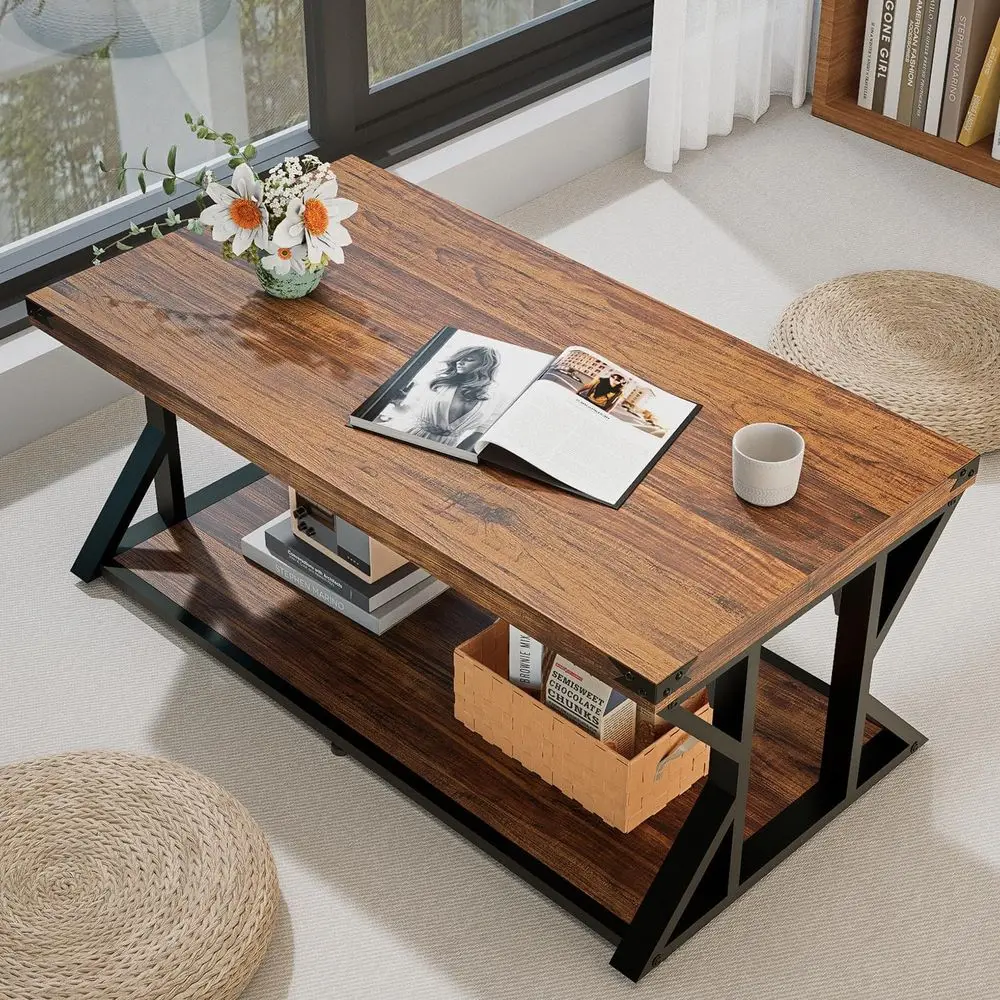 

43 Two-Tier Industrial Coffee Table with Storage Shelf, Rustic Brown Wood and Metal