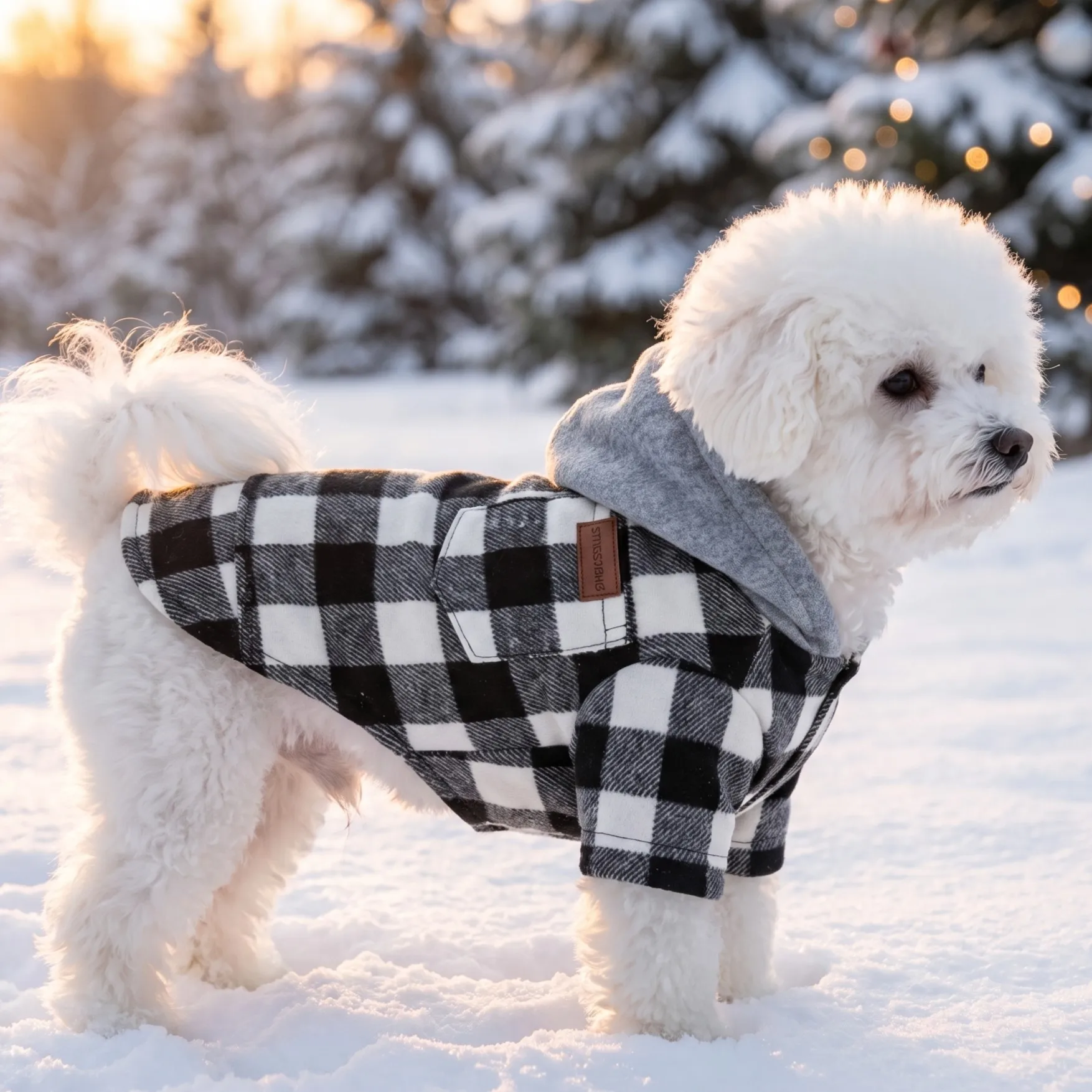 Kleidung für Hunde im Karomuster, Kapuzenjacke für Haustiere, Strickjacke mit Knöpfen für Hunde, Karo-Kapuzenjacke für Haustiere, Oberteil für Hunde mit Tasche. – Detail 9