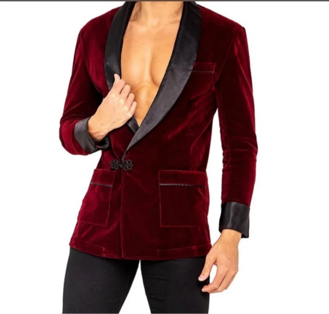 

Burgundy Velvet Men Suits Jackets Vintage Shawl Lapel Formal Fashion Loose Tuxedos Dinner Party Prom Gentleman Blazer(1 Jacket)