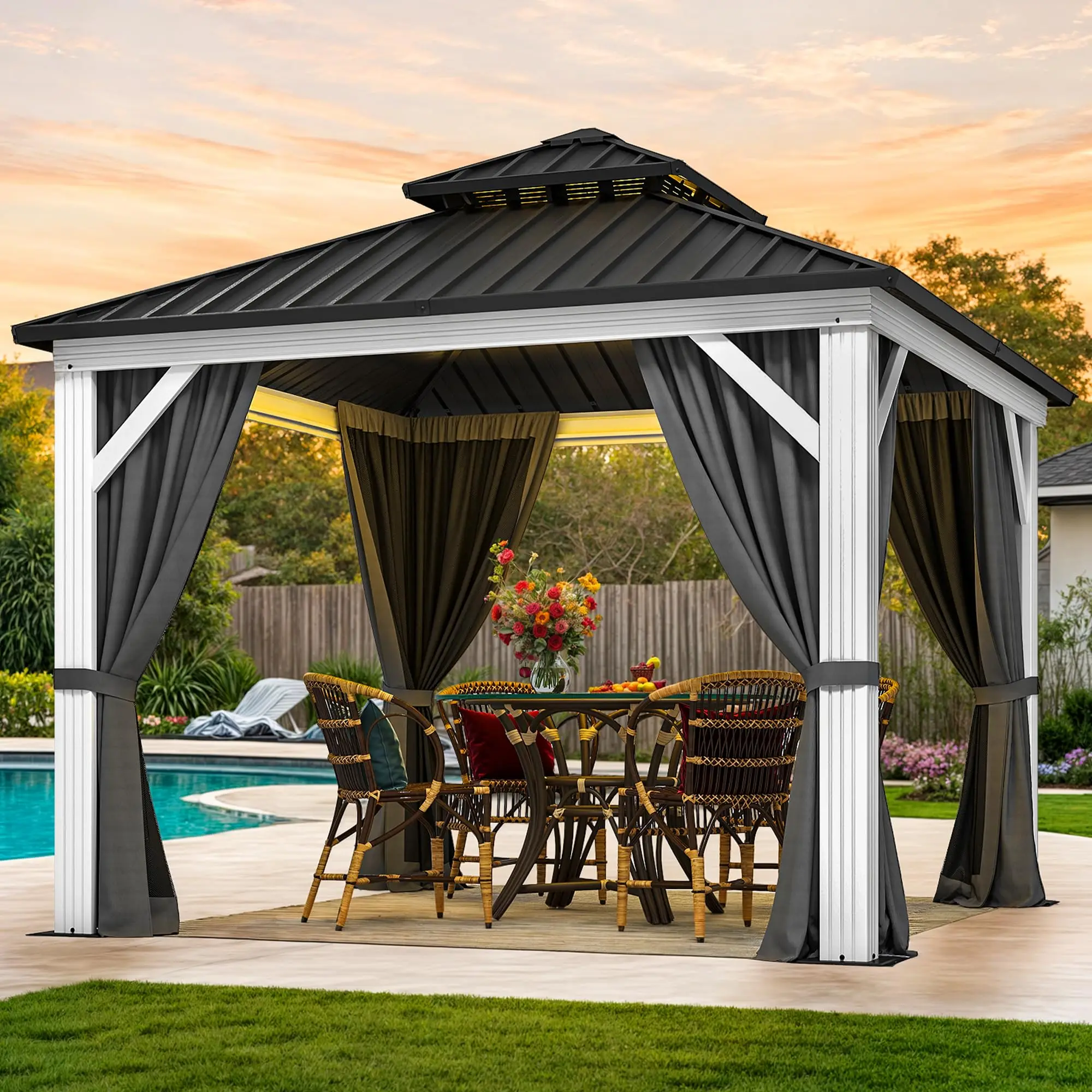 

High Quality Modern Easily Assembled Durable Custom Size Pavilion White Aluminum Double Roof Outdoor Hardtop Gazebo For Patio
