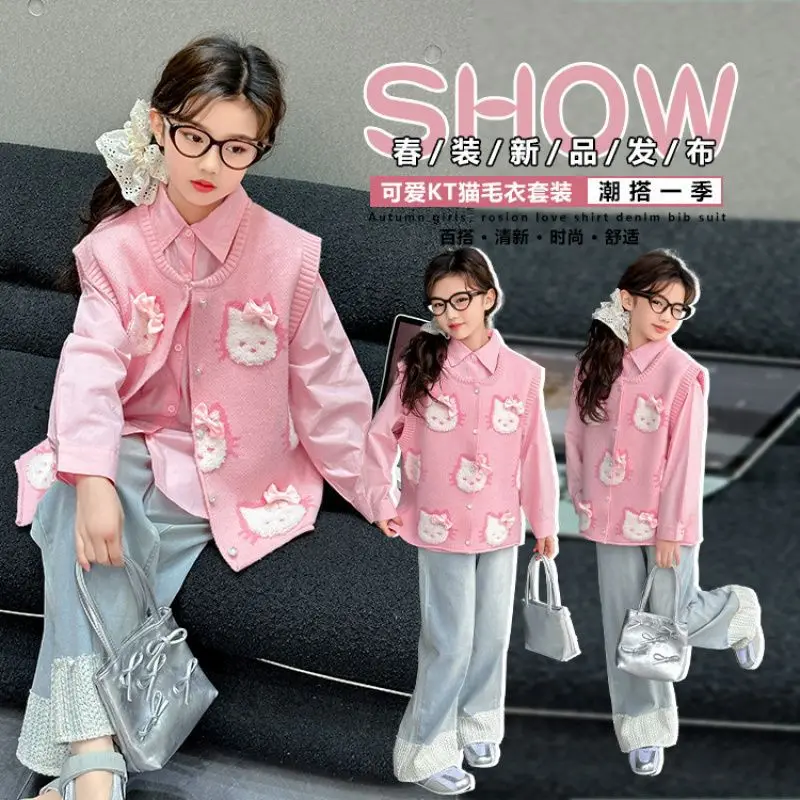 

Hello Kittys Girl Blouse Sanrios Girls Vest Shirt Set Children's Clothing Cotton Spring Autumn New Keep Warm Girl Blouse