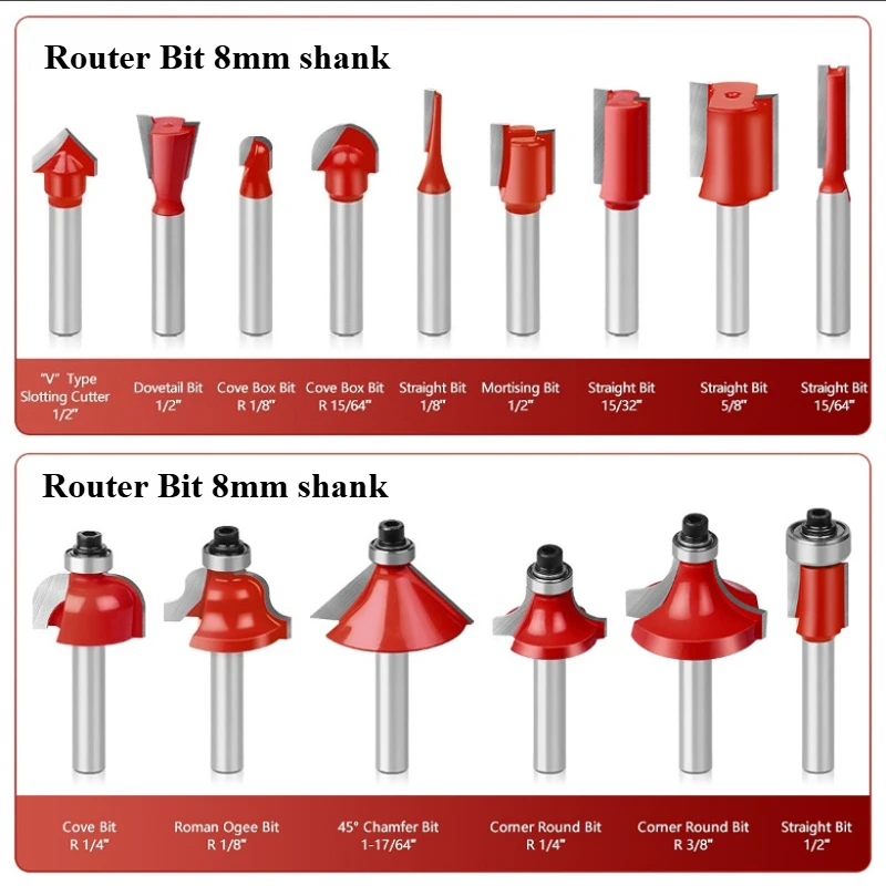 12/15pcs Router Bit Set Trimmen Rechte 8mm Schacht Schrijnwerker Frees Voor Trimmen Machine Hout lager Cove Box Bit