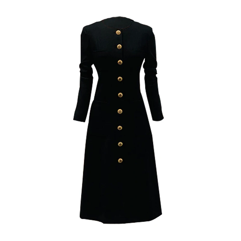 Autumn Winter New Female Elegant Single-Breasted Mid-Length Tweed Dress Women\'s Lace-up Long Sleeve Waist-Slimming Dress