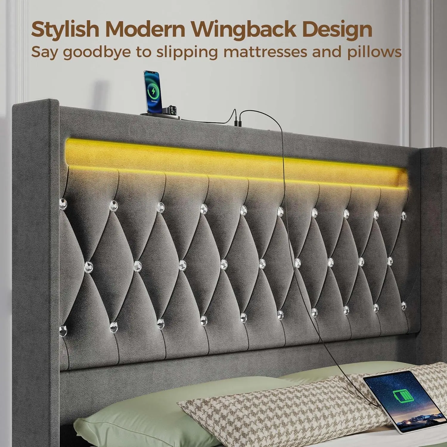 Twin Bed Frame with LED Light and Charging Station, Upholstered High Headboard and , Wood Slats, Noise Free,