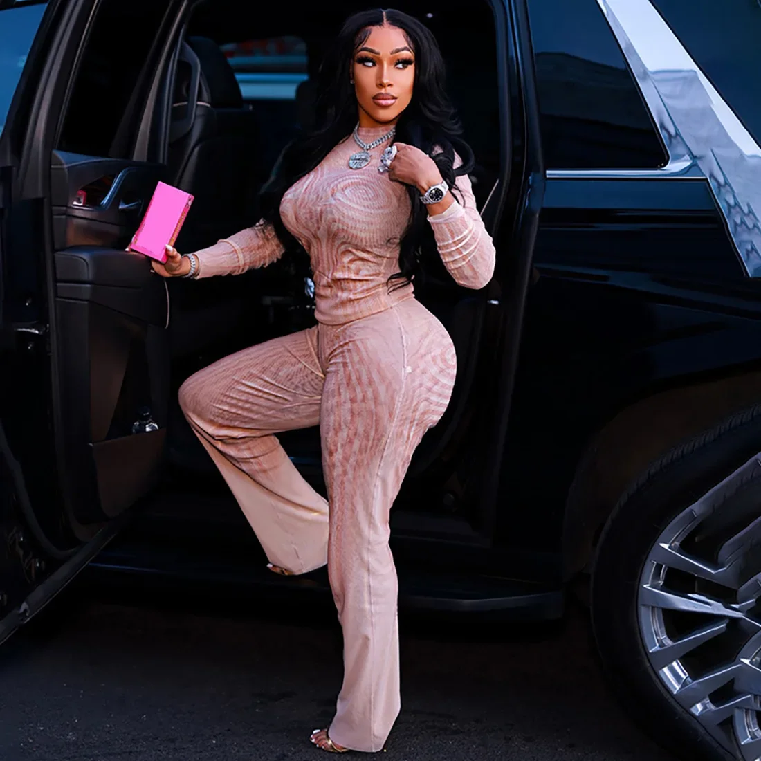 

Seer Mesh Print 2 Piece Set Women Sexy O-neck Long Sleeve Tops + Flare Pants Fashion Casual Streetwear Suits Party Clubwear
