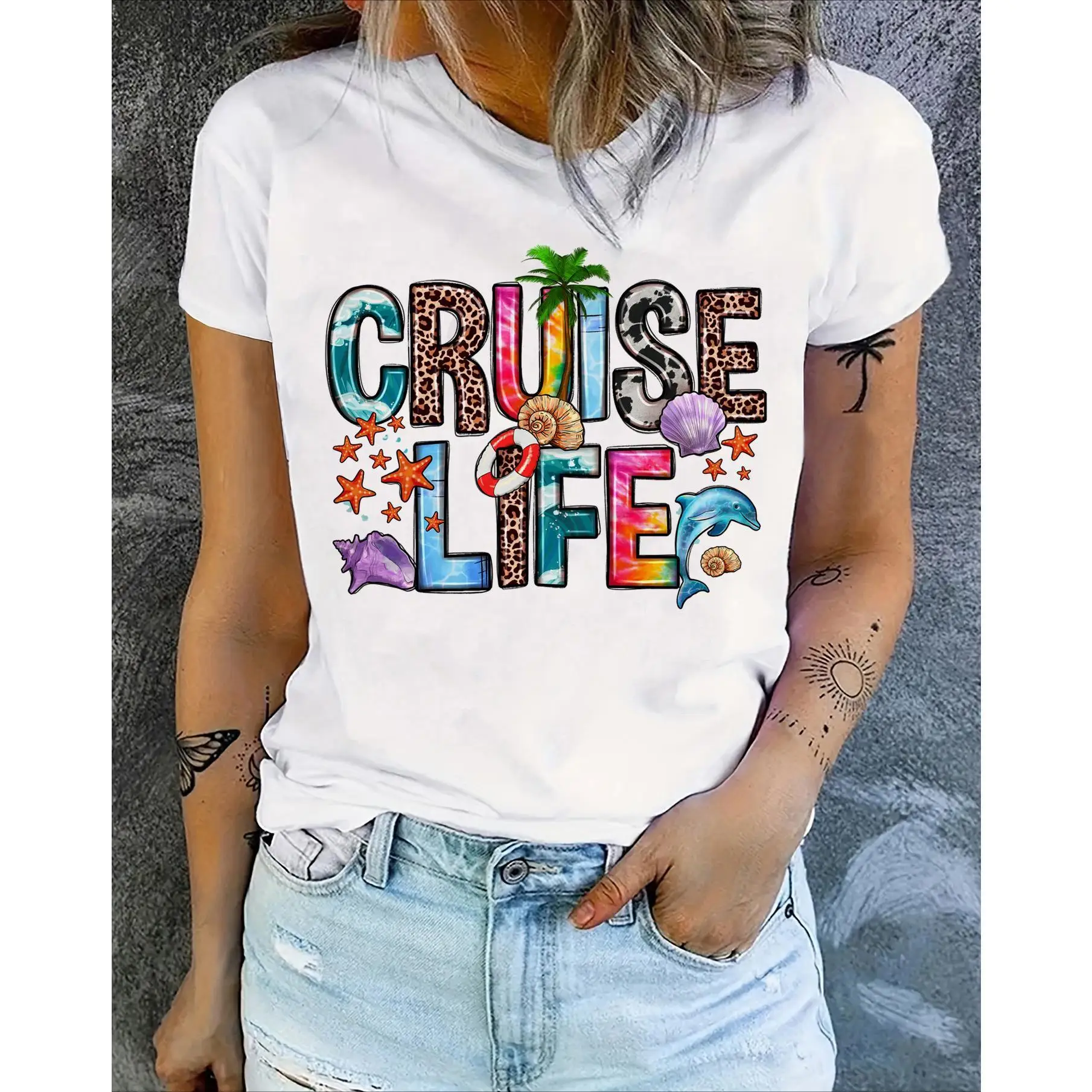 

Women's Letter Printed Round Neck T-Shirt - Soft Short Sleeve Casual Top Perfect for Summer, Spring, Beach Outings & Vacations