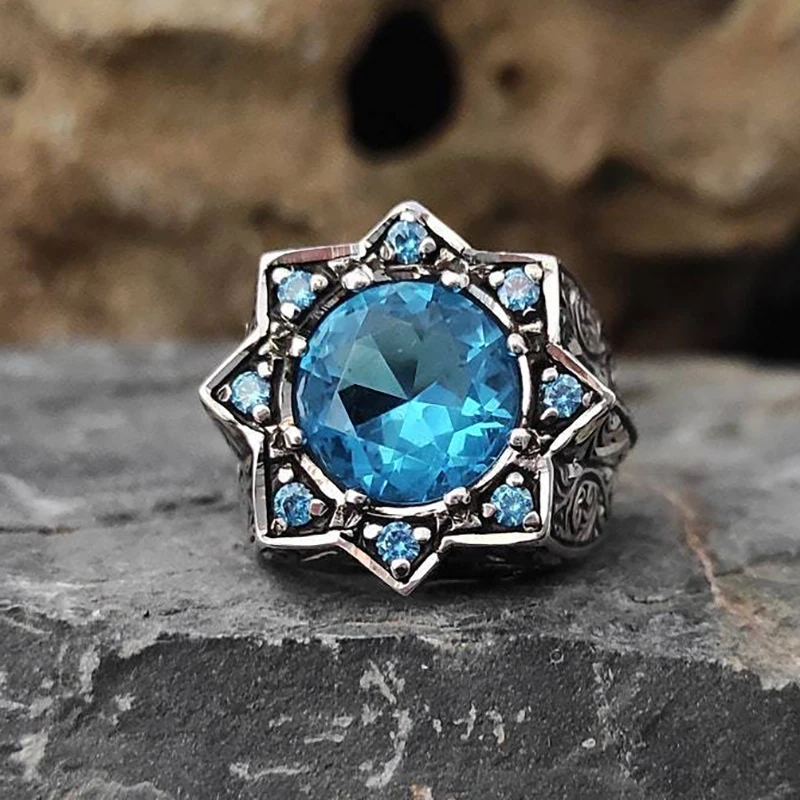 Jianjie Men's Classic Vintage Blue Hexagonal Star Zircon Rings Retro Carving Patterns Ring Domineering Accessories Trendy