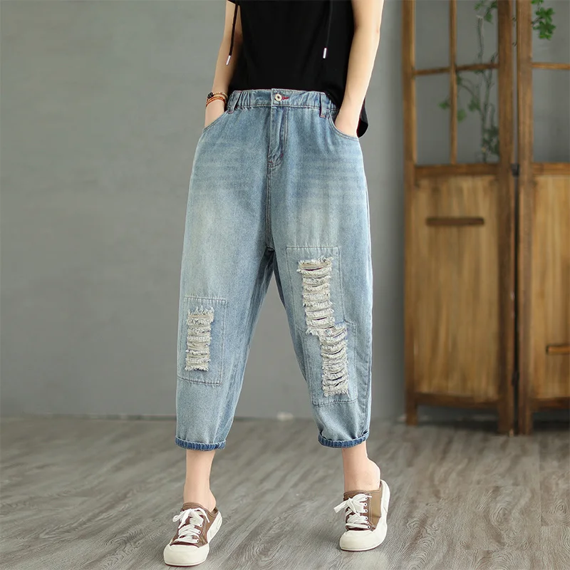 

#2264 Summer Blue Pencil Harem Jeans Women Holes Loose Vintage Women's Jeans Calf-length Thin Denim Jeans Pockets Elastic Waist