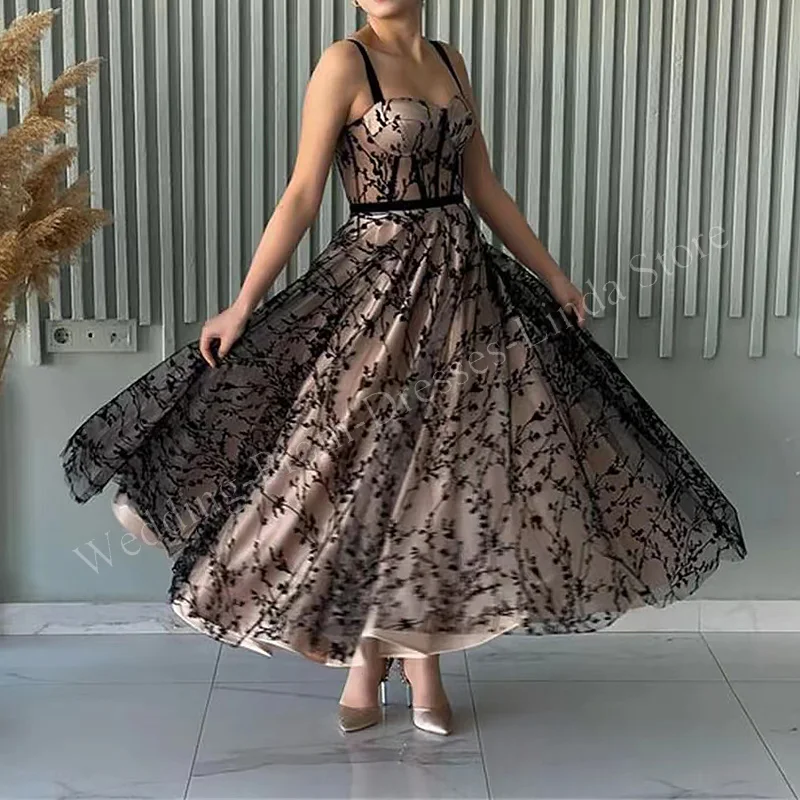 Elegant Black Prom Dresses for Women Spaghetti Strap Ankle-Length A-Line Special Events Wedding Gala Evening Party Gown 2023 New