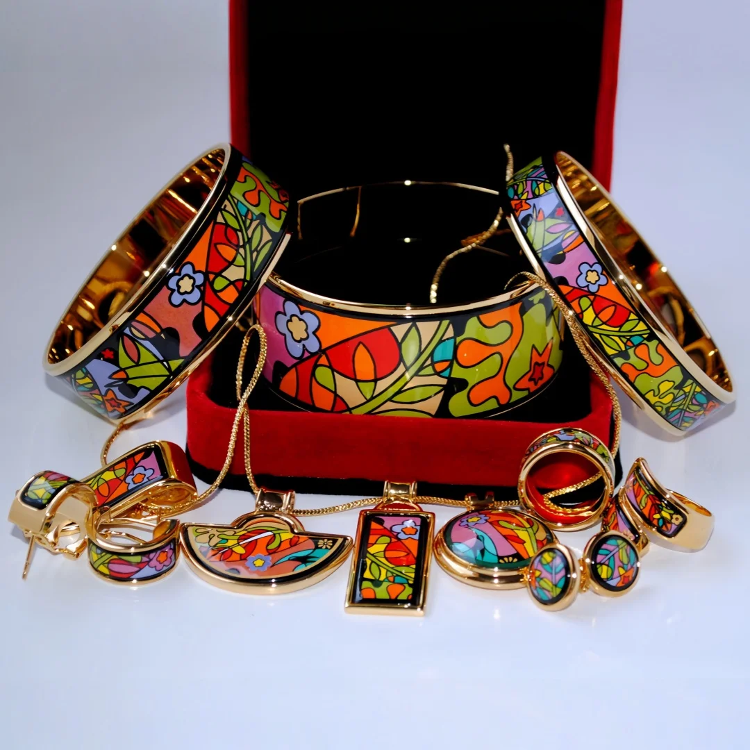 BOCAI Cloisonne Jewelry Set for Women Dream Garden Pattern Gilded Charms Bangle Rings Earrings Pendant Fine Choice Jewelry
