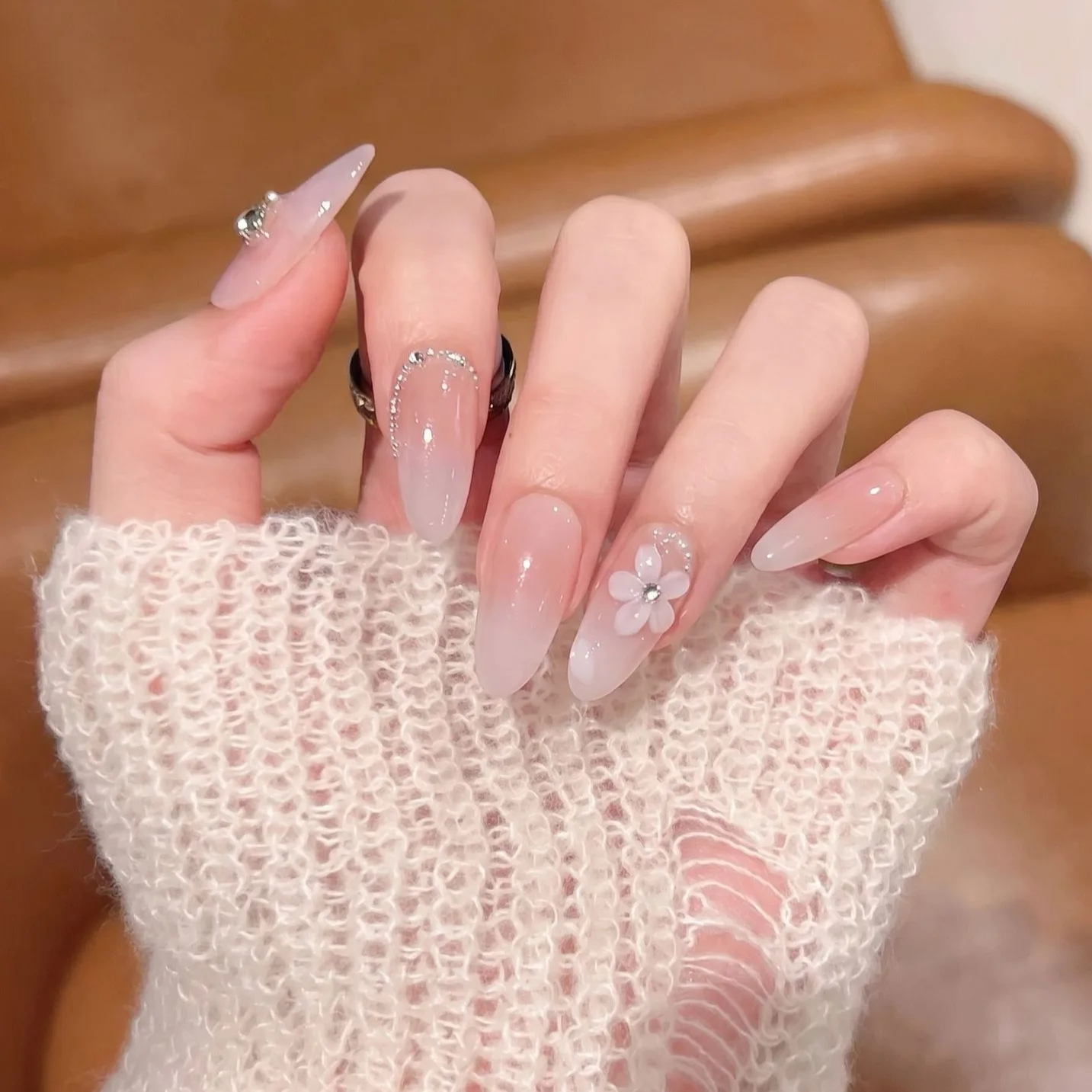 

10pcs Long Oval Handmade Press on Nails Pink Gradient French False Nails 3D Flower Fake Nails Pure Nail Art Накладные Ногти 네일팁