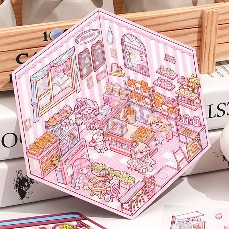 Card Lover 3 Pcs Ready Stock [Miniature Scene Series] 3D Three-Dimensional Stickers Shop Library Cartoon Journal Scene Sticker