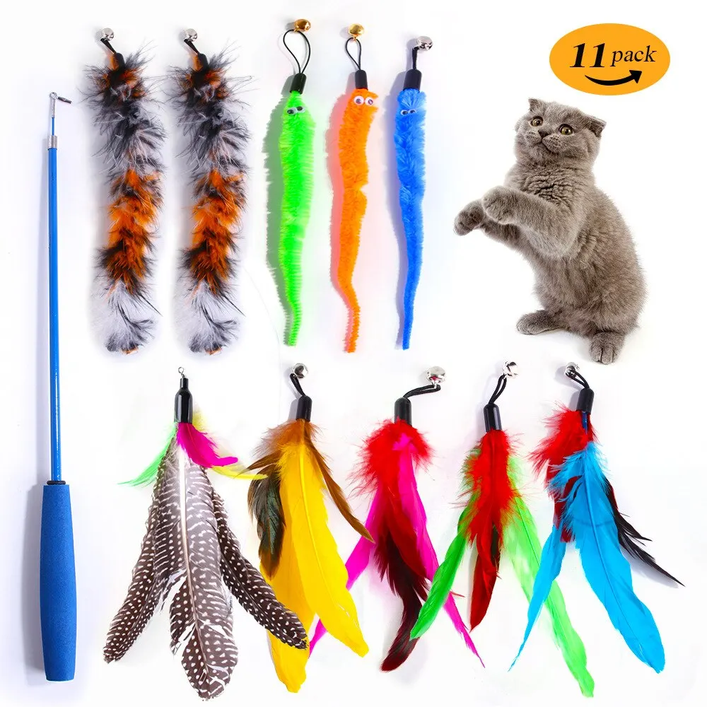 11-teiliges Ersatz-Spielzeugset mit Katzenfedern, Feder-Ersatzkopf, einziehbarer Katzenstäbchen, Katzenprodukte