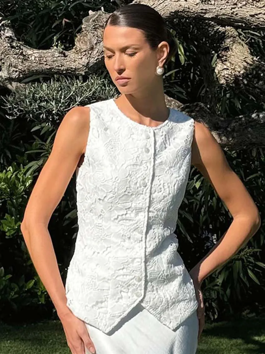 Oymimi Fashion White Lace Blouses For Women Elegant O-Neck Sleeveless Single Breasted Blouses Casual Solid Slim Shirts Female