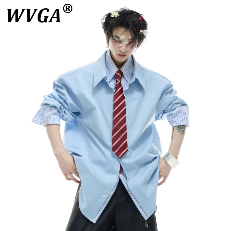 

WVGA Spring Autumn New Man Tide Street Stripe Patchwork Trendy Long Sleeve Shirts Niche Chic Casual Fake Two Piece Top Ins W9900