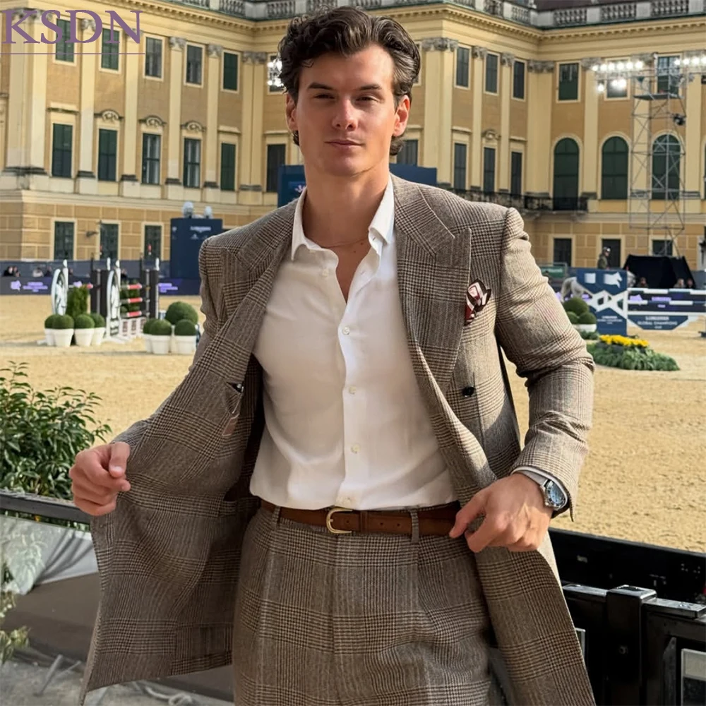 Men's Glen Plaid Double Breasted Suit Peak Lapel Brown Check Two Piece Jacket Pants Wool Blend Smart Casual Blazer Sets