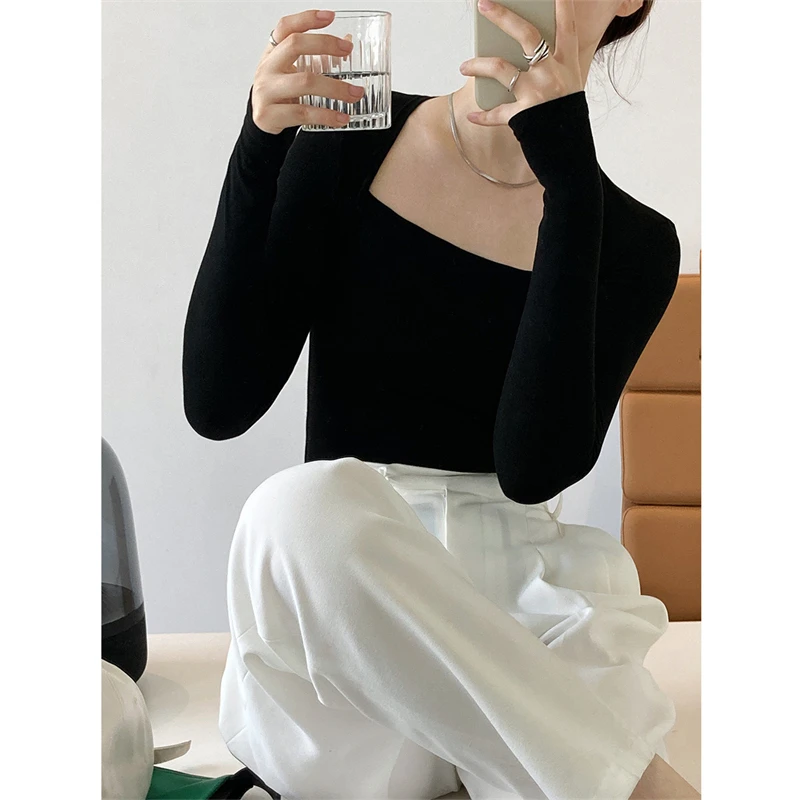 LMQ NEW French Solid Long Sleeve Square Collar Tees T Shirt Thin Low-Neck Slim-Fit Collarbone Tops Temperament Bottom Shirt