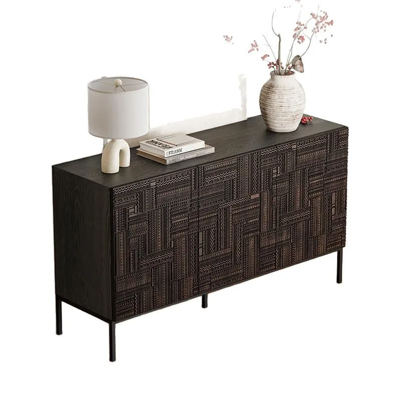 

French medieval solid wood dining side cabinet household living room carved wall locker sofa back cabinet