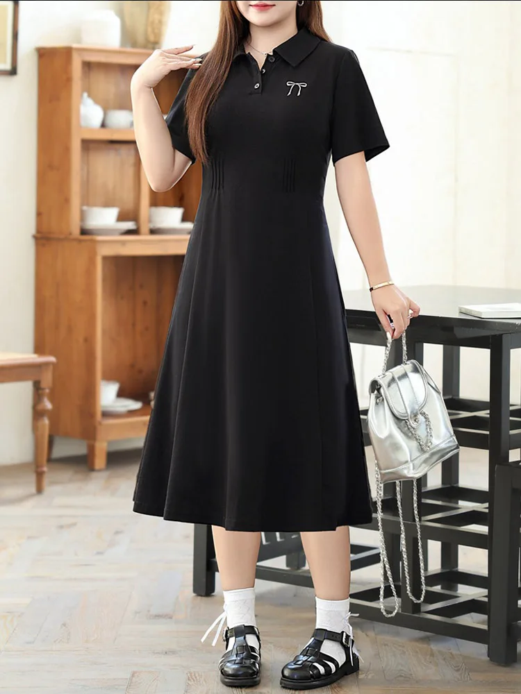 Casual Polo Collar Dress for Women, Preppy Style, White Bow Embroidery, Plus Size, Summer, Good Quality, 2024