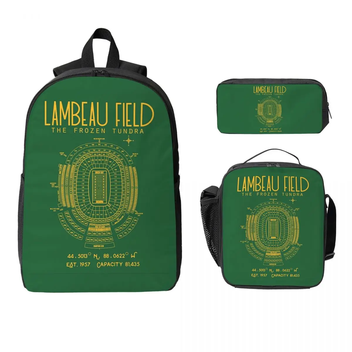 Green Bay Packers Lambeau Field Stadium Backpack BookBag School Bag Computer Shoulder Bags 3ps Insulated Lunch Bag Pencil Case