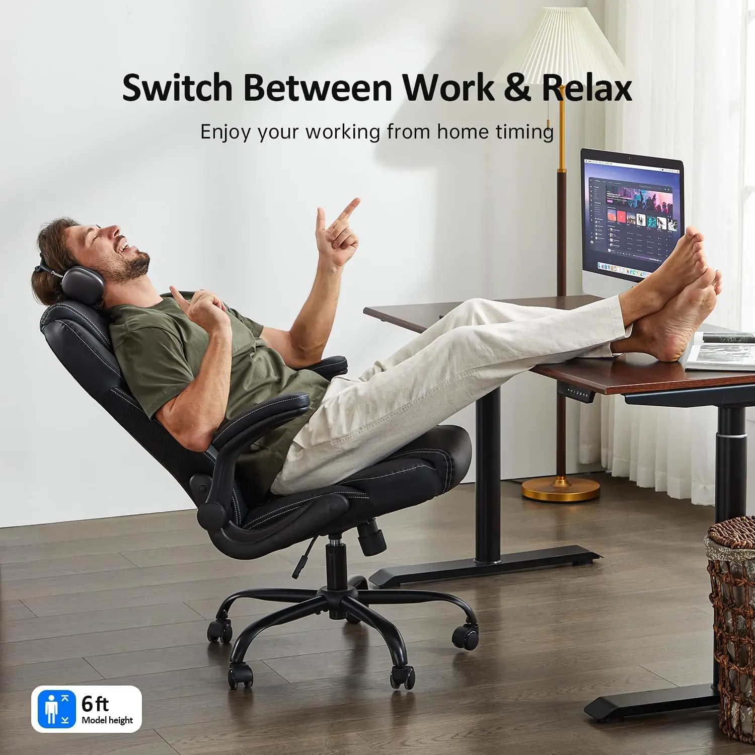 Executive Leather Office Chair, Ergonomic Desk Chair with Adjustable Arms, Lumbar Support & Rocking Function (Black)