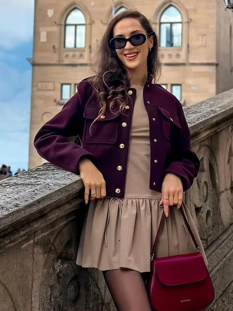 

2024 Female Fashion Wine Red Coats O-Neck Long Sleeve Pockets Single Breasted Cropped Jackets Woman Autumn Fashion Trendy